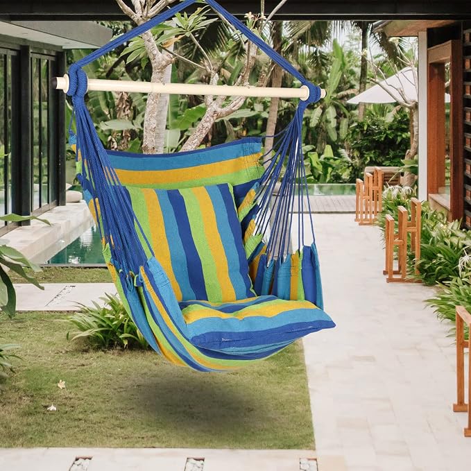 Highwild Hammock Chair Hanging Rope Swing - Max 500 Lbs - 2 Cushions Included - Steel Spreader Bar with Anti-Slip Rings - for Any Indoor or Outdoor Spaces (Blue Striped)
