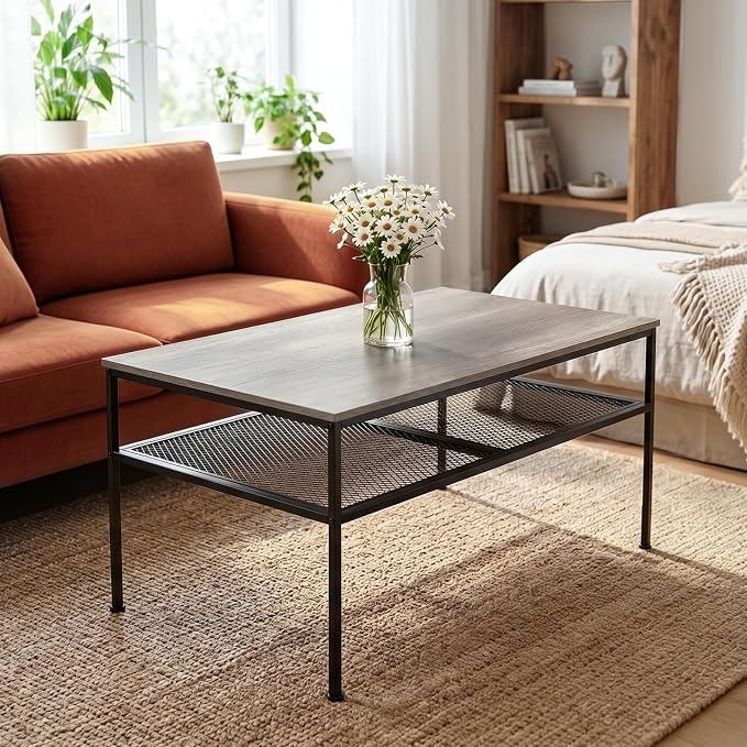 SENIG 2-Tier Coffee Table 35.4" with Iron-Mesh Storage Shelf, Grey Oak | Industrial Wood and Metal Center Table for Home Office Kitchen 35.4" L x 23.6" W