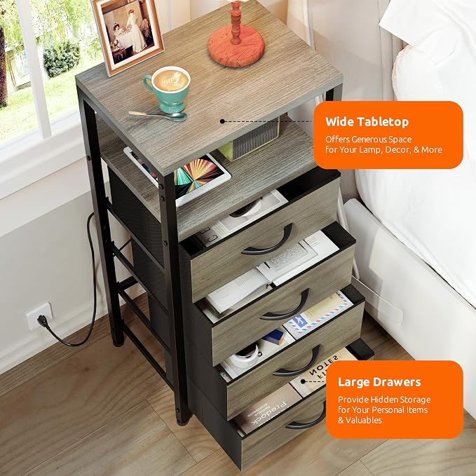 Lazzanto NightStand Bedside Charging Table Bedroom - Night Stand with Charger Station, Modern Nightstand with Open Shelf & 4 Fabric Drawers, End Table with USB-C USB Ports & AC Outlets for Dorm, Grey