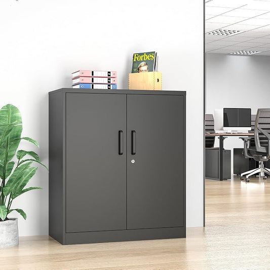 36" H Metal Garage Cabinet, 2 Doors Storage Cabinets, Steel Utility Tool Caninet, Short Locking Caninets with Adjustable Shelves, Black Lockable File Cabnet Cupboard for Home/Office/School/Shop