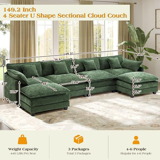 149.2" Modular Sectional Sofa,U Shaped Couch for Living Room,Modern Deep Seat Sofa 3 Seater Chenille Fabric Comfy Cloud Couches with Throw Pillows & Movable Ottoman