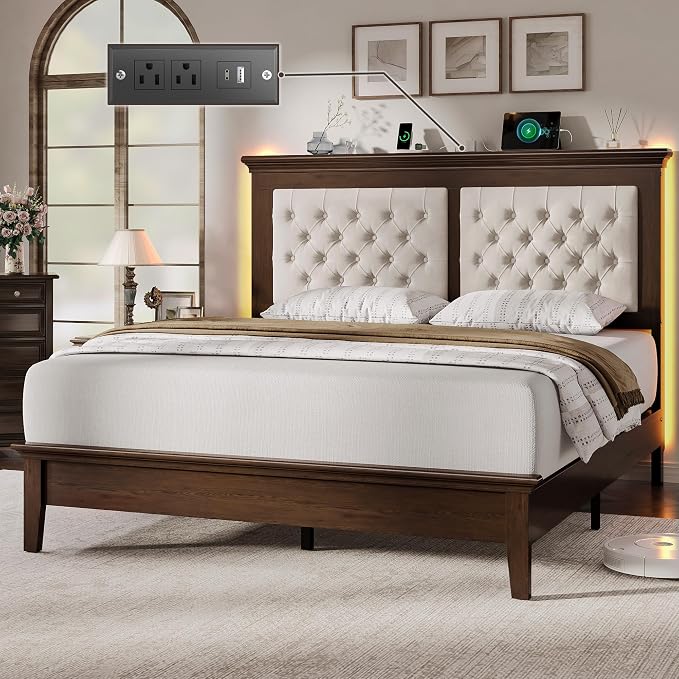 Lifezone Solid Wood Queen Size Bed Frame 41.5” Tall Diamond-Tufted Upholstered Headboard, American Classic Flat-Top Bed, Stable Structure, Wood Slats Support, Noise-Free, No Box Spring Needed, Walnut