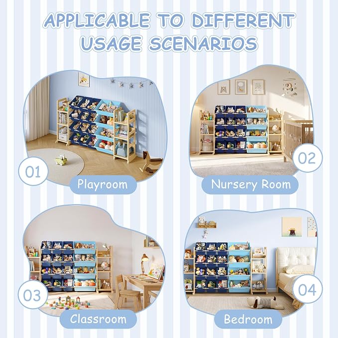 EXPERLAM Extra Large Toy Storage - Toy Storage Organizer, Wooden Toy Organizer with 6 Side Shelves and 16 Bins, 3-in-1 Bookshelf for Kids Rooms, Playroom, Nursery, Blue