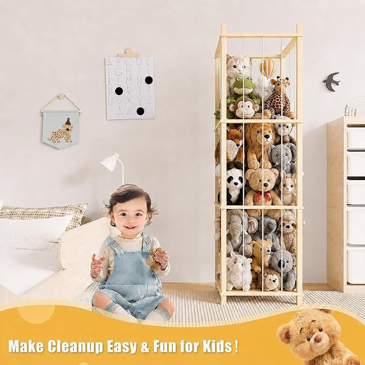 Solid Pine Stuffed Animal Storage, 56" Large Wooden Toy Organizer Tower | 100% solid pine, extra-wide & high open design. Whole rope hand-polished. Holds large plush toys for kids playroom bedroom