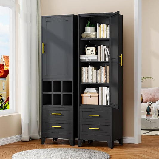Metal Tall Narrow Storage Cabinet,Freestanding Floor Cabinet with 2 Drawers and 3 Adjustable Shelves,Pantry Storage Cabinets for Bathroom,Living Room,Entryway and Kitchen,Black