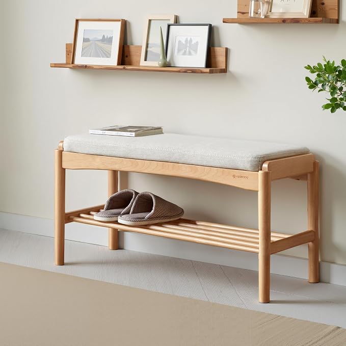 Solid Wood Shoe Bench Assembled, Shoe Rack Bench with Cushion for Entryway, Living Room, Bedroom, Hallway, 11.8" x 31.5" x 16.5", Natural