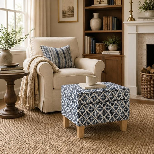 HomePop 22" Modern Rectangular Storage Ottoman - Blue Geometric Pattern