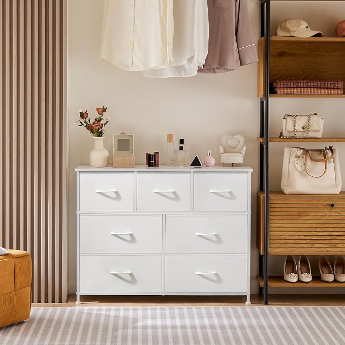 Sweetcrispy 7 Drawer Dresser Storage Organizer with Fabric Bins, White | Sturdy Steel Frame and Wood Top, Easy Pull Handles, for Bedroom Closet Hallway Entryway