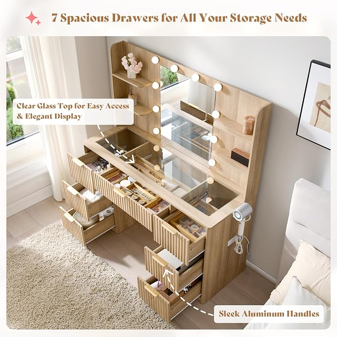 AMERLIFE 47.2" Fluted Vanity Desk with Mirror and Adjustable LED Lights, Large 7 Drawers Makeup Vanity Table with Glass Top and Charging Station for Women and Girls, Bedroom or Dorm, Natural Oak