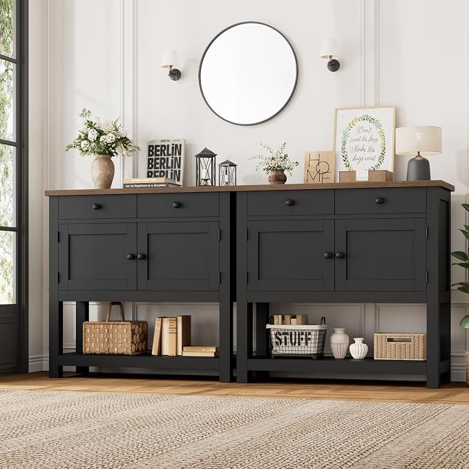 HOSTACK Farmhouse Console Table with 2-Door Cabinet & 2 Drawers, Coffee Bar, Entryway Table with Storage Shelf, Sofa Tables Buffet Sideboard for Kitchen, Hallway, Dining, Living Room, Black