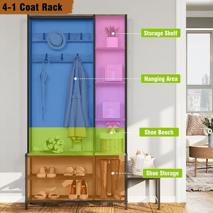 Espelism Hall Tree with Shoe Storage Bench Coat Rack with 7 Hooks Interchangeable 4 Tier Side Storage Shelves Small Cute Side Bench Industrial 5-in-1 Entryway Coat Rack for Hallway Mudroom Bedroom