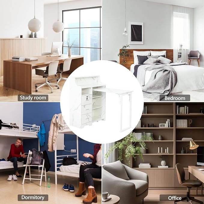 Fold Out Desk with Storage, Hidden Desk with Lockable Drawers & Shelves, Built-in Power Outlet,Folding Desk for Study and Home Office (Marble-Effect White)