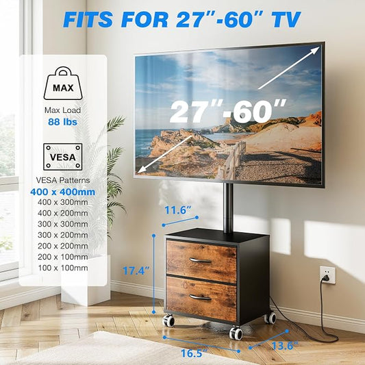 Rfiver Rolling TV Stand with Power Outlet and 2 Drawers for 32-60 Inch TVs, Swivel Mobile TV Cart with Wheels, 6-Level Height Adjustable Floor TV Mount up to 88lbs, Max VESA 400x400mm