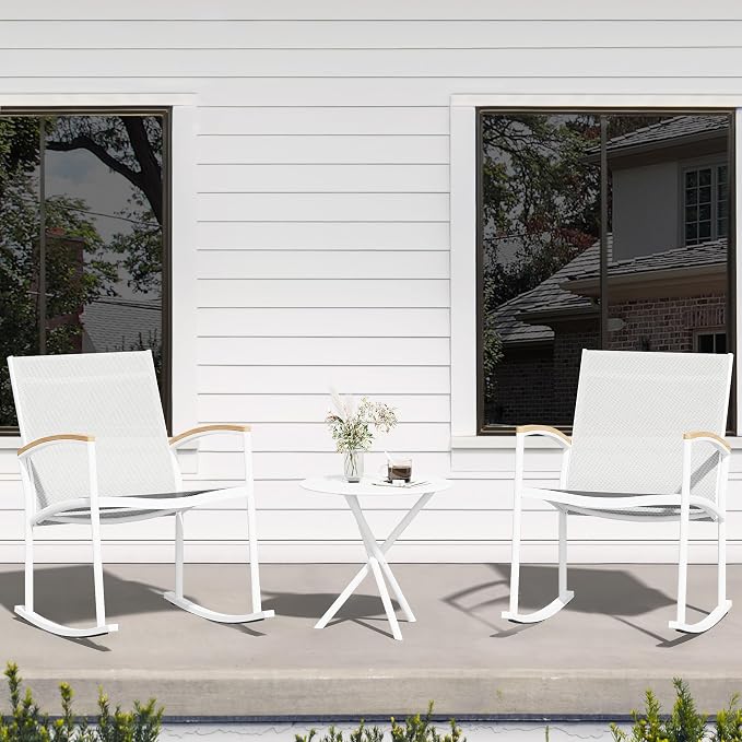 Shintenchi 3 Pieces Patio Rocking Bistro Sets,Outdoor Textilene Fabric Conversation Bistro Set,Front Porch Rocker Chairs Small Patio Furniture Set with Table for Lawn,Garden,Balcony(White)