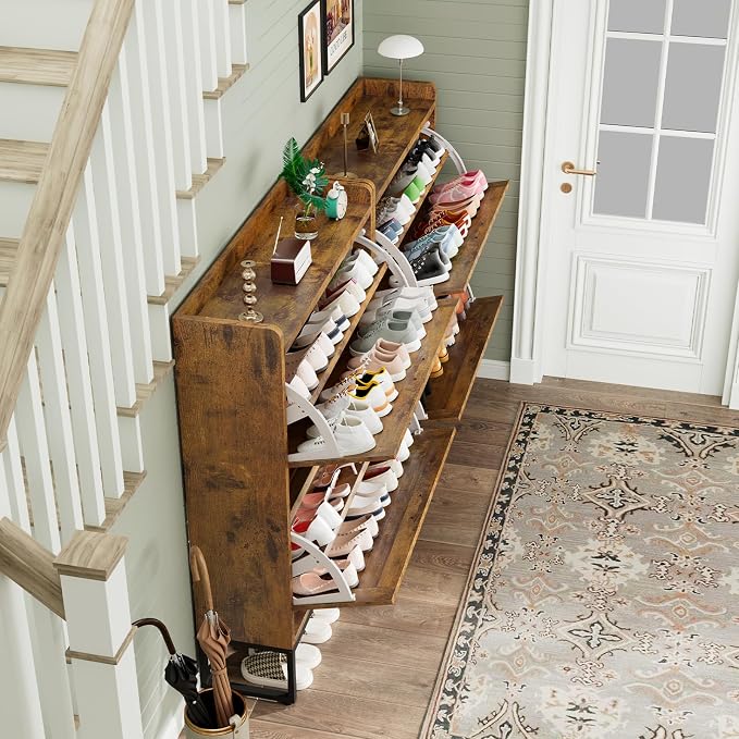 GRUSIGN Shoe Cabinet, Shoe Storage Cabinet with 2 Flip Drawers & Adjustable Shelf, Space-Saving Shoe Organizer – Holds 16+ Pairs, Narrow Shoe Cabinet Storage for Entryway/Hallway(Brown)