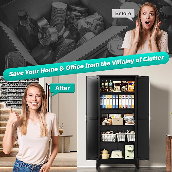 SISESOL 75" Tall Pantry Cabinet,Farmhouse Kitchen Pantry Storage Cabinets with 2 Doors and 4 Shelves,Black Metal Storage Cabinet,Large Cupboard for Home,Kitchen,Dining/Living Room