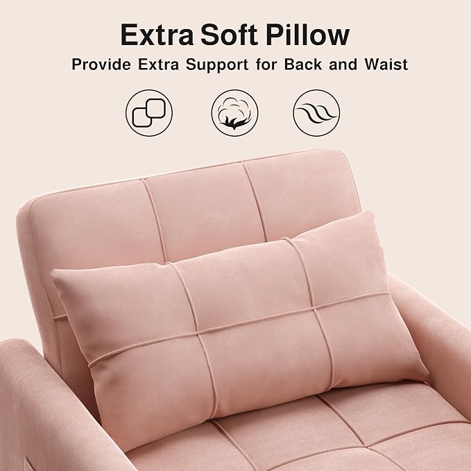 Ahomly Convertible Sleeper Chair Sofa Bed with 3-in-1 Design, Adjustable Backrest, and Storage Pocket for Living Room, Pink