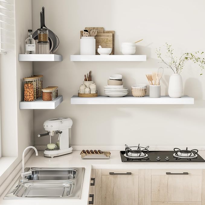 Vivelove 12 Deep Floating Shelves for Wall, 24/36/48/55 Inch Shelves for Room Wall Mounted, 2" Thick Floating Shelf for Living Room Bedroom Bathroom Kitchen Laundry Room, Set of 2 White
