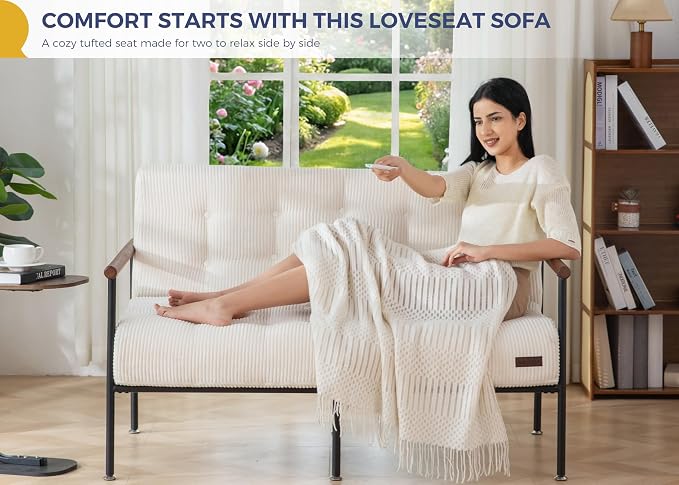 MAXYOYO Living Room Accent Chair, Loveseat Sofa Chair with Sturdy Metal Frame & Wood Armrests, Button Tufted Upholstered Small Couch Modern Love Seat for Bedroom Office, Beige