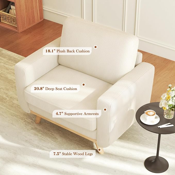 Vesgantti 38.5" Accent Chair Beige, Comfy Corduroy Single Sofa Seat with Spring Cushion, Upholstered Armchair with Deep Seat, Reading Chair for Adults, Modern Sofa for Living Room, Bedroom