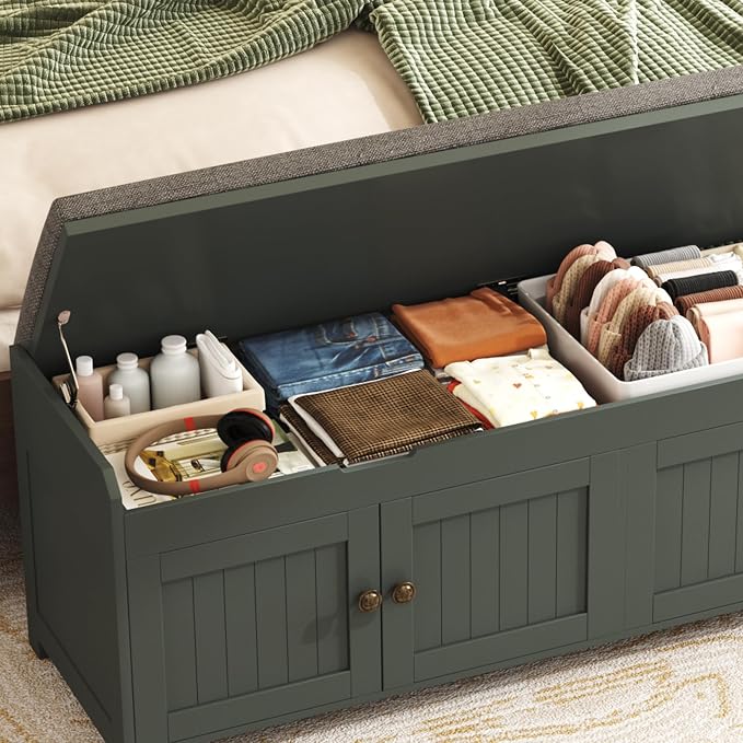 HOMEFORT 54.4" Shoe Bench with Lift Top Storage, Entryway Bench with Cushioned Seat, Wooden End of Bed Bench, Shoe Cabinet Bench with Hidden Storage Space, for Bedroom, Hallway,Green
