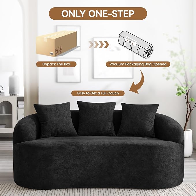 65" Boneless Loveseat Sofa Couch, Modern Comfy Curved Cloud Sofa, Chenille Deep Seat Love Seat Couches for Living Room, No Assembly, Black