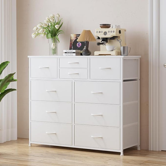 LUMTOK 10-Drawer Dresser, Fabric Storage Tower with Drawers for Bedroom, Dresser Drawer with Handle for Bedroom, Living Room, Hallway, Closets & Nurseryteel Frame, Wood Top (10 Drawer/White)