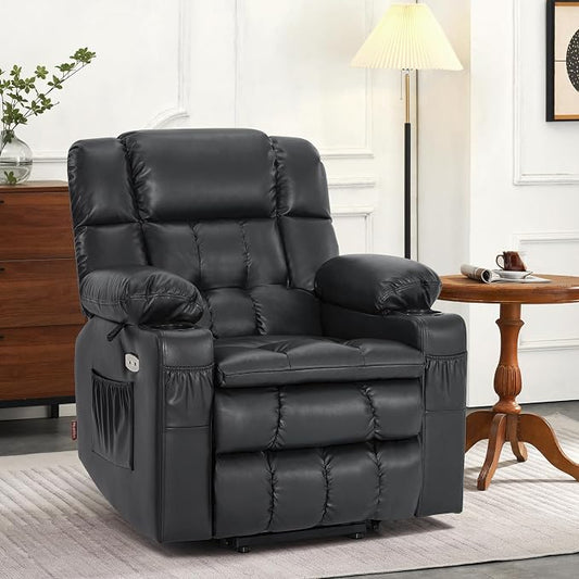 MCombo Small Dual Motor Power Lift Recliner Chair for Petite Elderly, Zero Gravity Lift Chair with Heat and Massage, Infinite Position Lay Flat Recliner, USB Ports, Faux Leather 7893 (Black, Small)