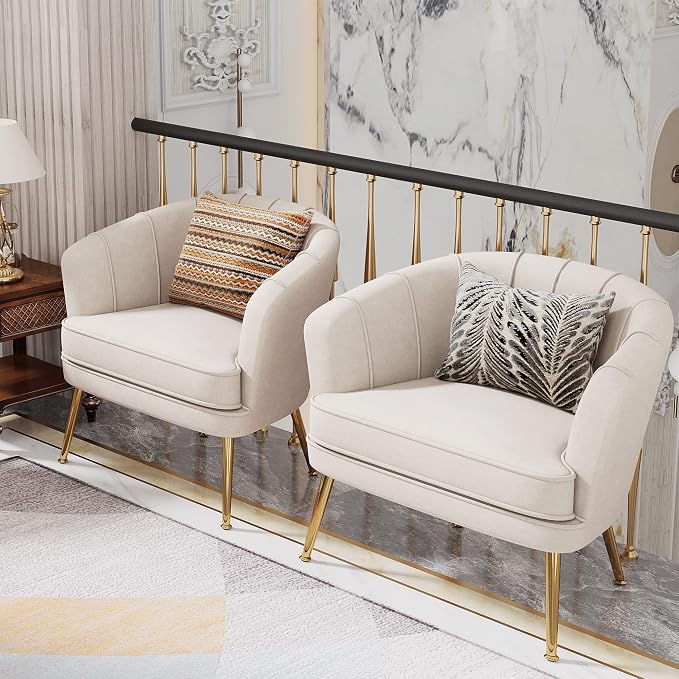 Andeworld Velvet Accent Chair, Upholstered Modern Single Sofa Side Chair,Comfy Barrel Club Living Room Armchair with Golden Metal Legs for Bedroom Living Reading Room Office, Beige