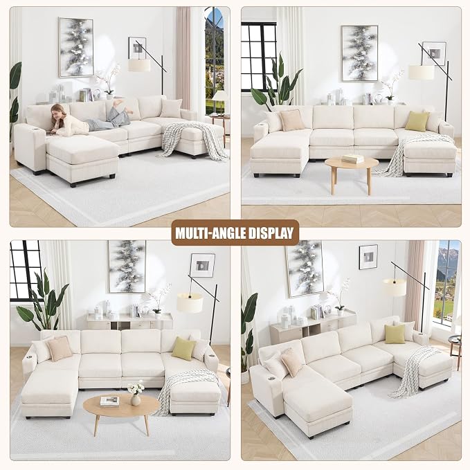 127" Modular Sectional Sofa with Storage, Corduroy 6-Seater U-Shaped Sofa with Ottoman Chaise, Cloud Sectional Couches for Living Room, Apartment