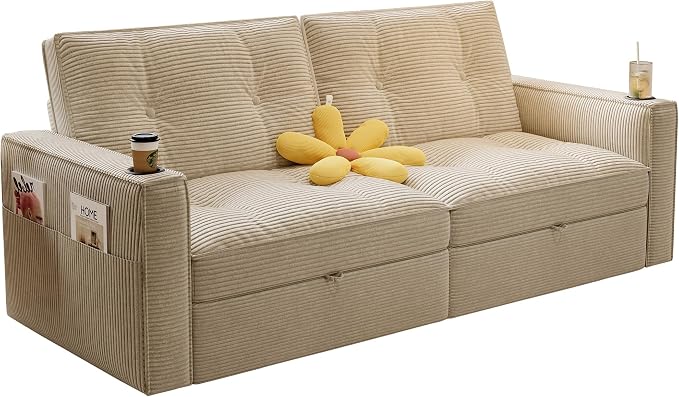 73.2'' Futon Sofa Bed Full Size, Pre-Assembled Pull Out Couch, Adjustable Backrest, Corduroy Convertible Sleeper Sofa, 2 Cup Holders, Pockets, USB, Loveseat for Living Room, Apartment, Beige | Soft Material