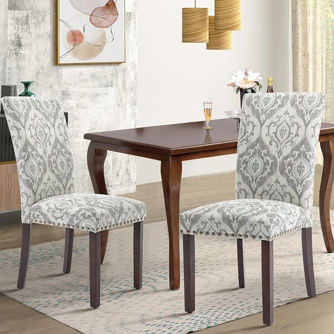 COLAMY Upholstered Parsons Dining Chairs Set of 2, Fabric Dining Room Kitchen Side Chair with Nailhead Trim and Wood Legs - Grey/White Flower