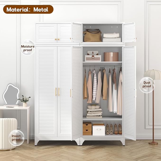 UNICOLY Armoire Wardrobe Closet with Doors, 86'' Wardrobe Cabinet with Hanging Rod, Metal Closet with 2 Adjustable Shelves for Bedroom School, Employee, Gym, White, Shipped in 2 Packages