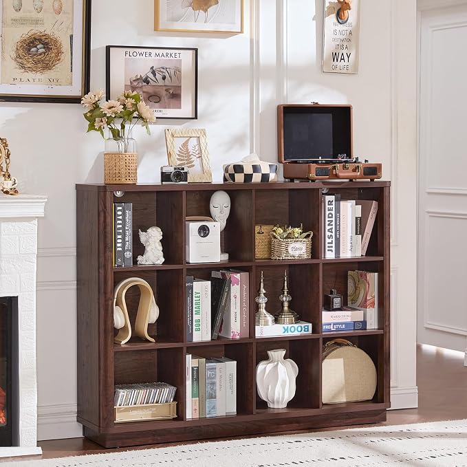 Joaxswe 12 Cube Storage Organizer, 41" Large Bookshelf with Curved Edge, Wood Floor Standing 3-Tier Cubby Bookcase w/Base, Vintage Display Storage Cabinet, Book Case for Living Room, Office, Walnut