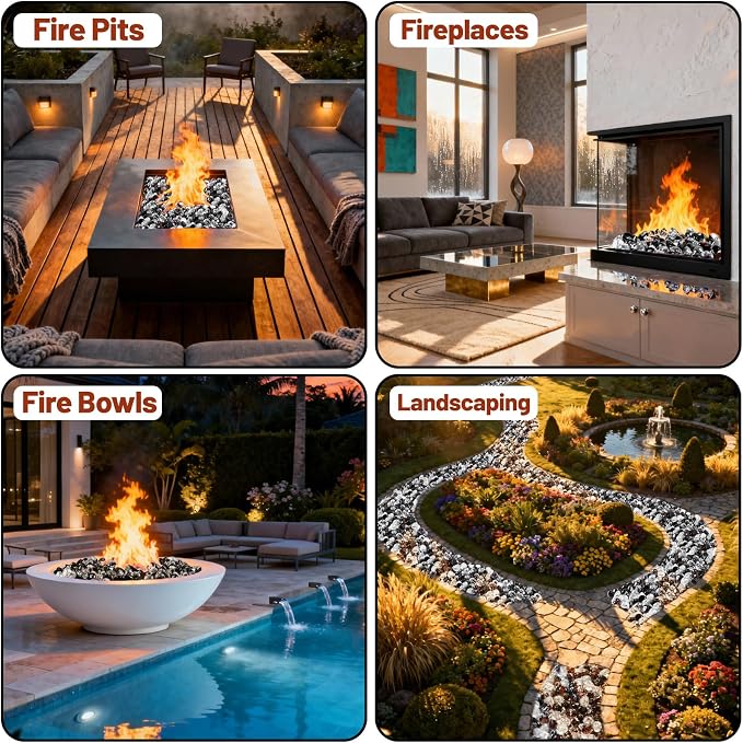 Blended Fire Glass Diamonds for Propane Firepit, Fireplace and Outdoor Decorative, 1 Inch Firepit Glass 10LB (Crystal Ice +Onyx Black + Amber)