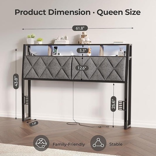 Queen Headboard Only, Headboard for Queen Size Bed with Storage, Upholstered Headboards with LED Lights & Charging Station, Attach Frame, Ideal for Bedroom/Dorm/Guest Room, Dark Grey & Brown