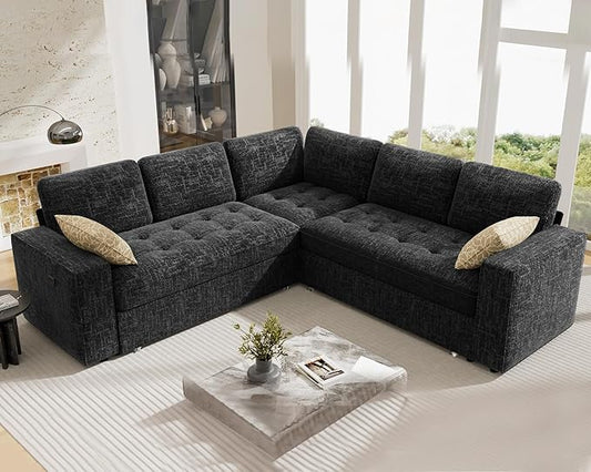 Vipbear 5 Seat L Shaped Modular Sectional Sleeper Sofa Bed with Pull Out Bed/Reclining Backrest/USB Ports/Storage Seat, Sectional Sleeper Couch, Tool-Free Assembly, Chenille Black
