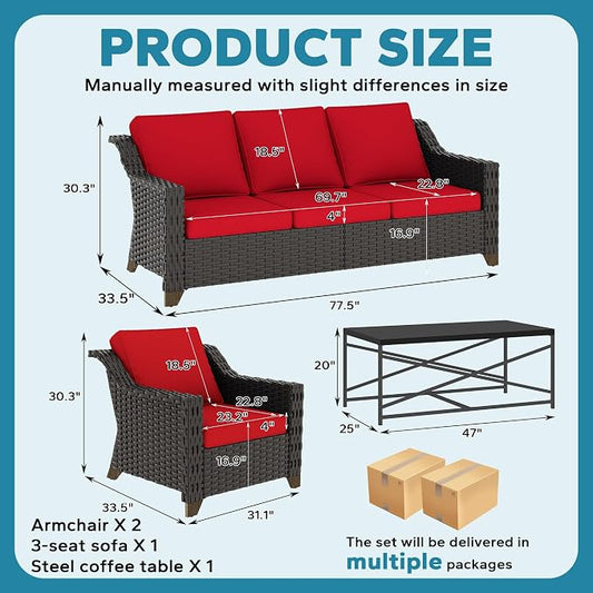 4 Pieces Outdoor Conversation Furniture Set - 77" Patio Sofa, 2 Wicker Armchairs, 1 Metal Coffee Table, Patio Wicker Furniture Set with Water-Resistant Cushions for Sunroom (Red)