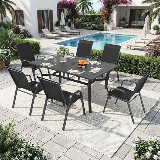Outdoor Dining Set for 6, 7pcs Patio Table and Chairs Set with Adjustable Umbrella Hole,Heavy Duty 63”x37.8” Metal Dining Table and Stackable Patio Chair for Yard, Garden, Porch