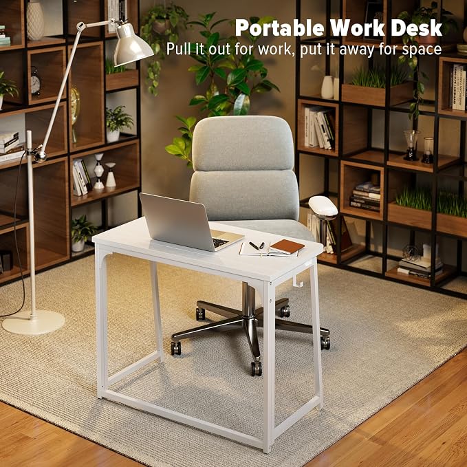 WOHOMO Folding Desk, 31.5" Small Desk for Small Spaces, Easy Assemble Foldable Computer Desk for Laptop, Mini Portable Working Table Narrow Wooden Writing Workstation for Home Office, White