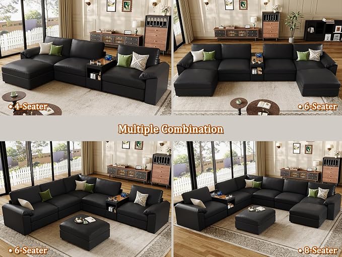 EASE MOOSE Oversized Corner Modular Sectional Sofa with Ottoman and Console,Faux Leather Sectional Sofa with Deep Seat, Scratch Resistant Faux Leather Material,Extra Large L Shaped Couch,Black