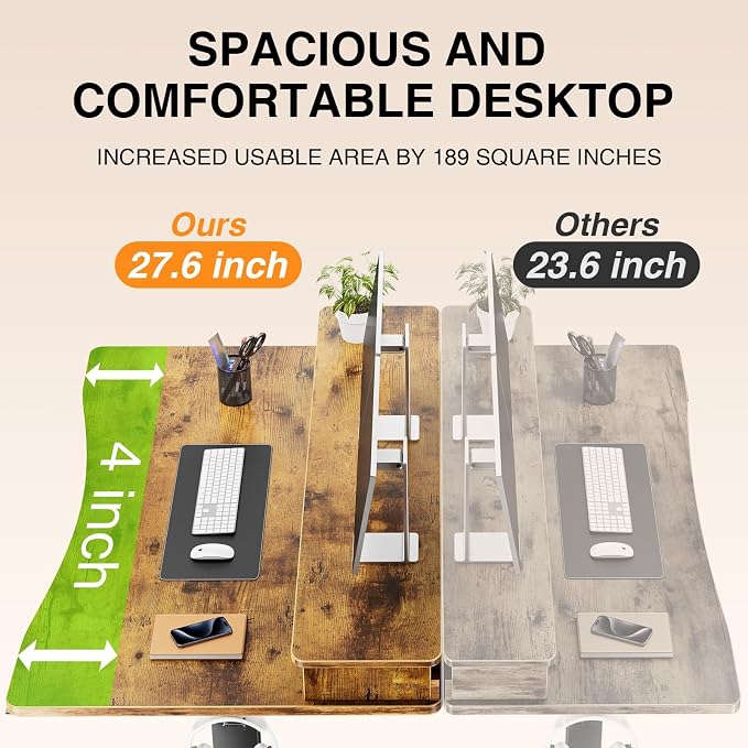 Veken 47.2"×27.6" Standing Desk with Storage Drawers, Adjustable Height Computer Table with Monitor Shelf, Home Office Desk for Study, Gaming, Workstation, Brown | Stand up Computer Desk for Home Office, Work & Study, with Storage, 3 Memory Presets, Ca...