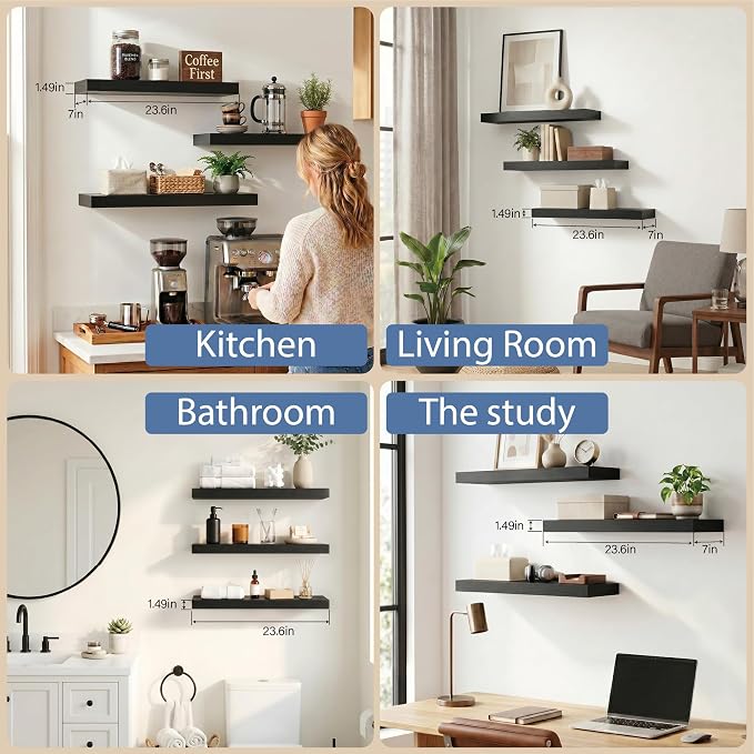 Floating Shelves for Wall, Bathroom Shelves Over Toilet, Wall Shelves & Book Shelf for Room, Hanging Shelf, Modern Wooden Mounted Floating Shelves, 24x7x1.5 in (Black, Set of 3)