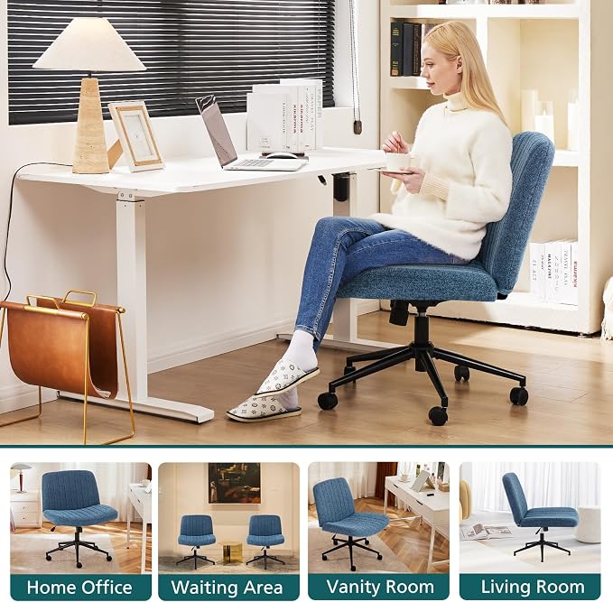 OLIXIS Criss Cross Chair with Wheels Wide Cross Legged Office Desk Vanity Chair Comfy Fabric Armless Height Adjustable Swivel for Home Computer Task Blue