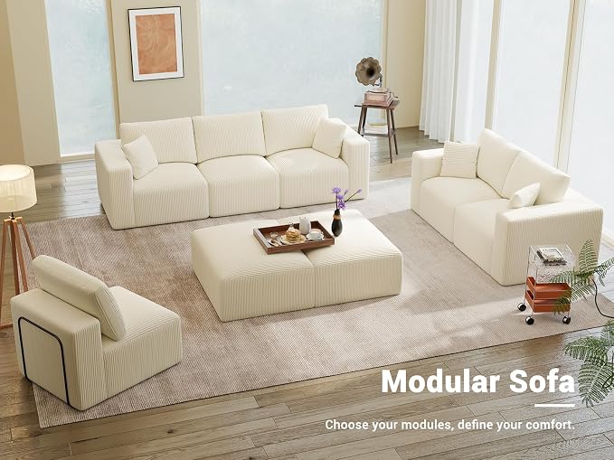 Modular Sectional Sofa Bed with Chaise, 115" Memory Foam Cloud Couch, Boneless Corduroy Upholstered Floor Couch, No Assembly Required Living Room Furniture for Apartment Home, Beige