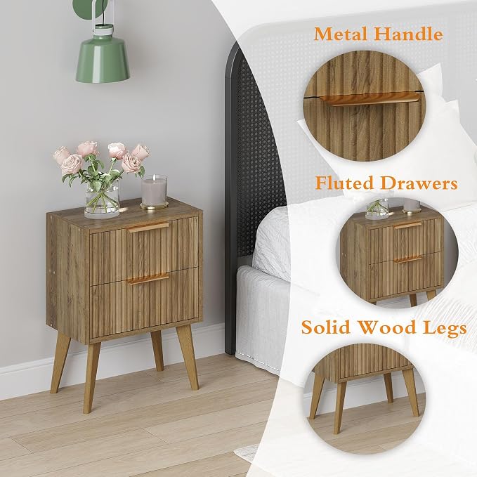 YAUKOMEL Mid Century Modern Nightstand,Small Bedside Table with 2 Drawers,Fluted Side Table,Walnut Brown End Table for Living Room,Bedroom,Small Space,Caramel Oak 11.8" D x 15.7" W x 22.8" H CTG55BR