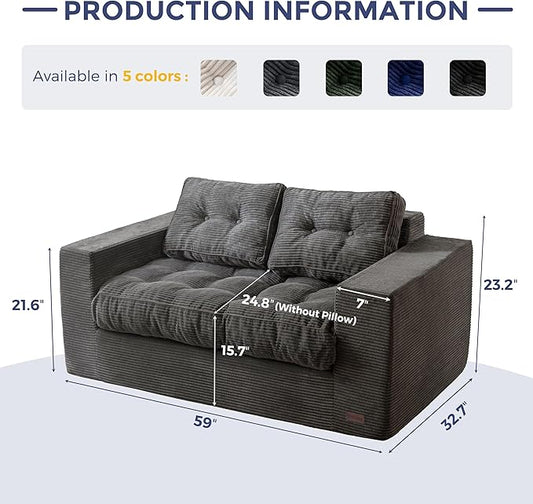 MAXYOYO Loveseat Sofa Couch, Upholstered Bean Bag Chair Cloud 2-Seat for Adults, Boneless Couch with Tufted Cushion & Pillows, Sofa in A Box, No Assembly Required, Dark Grey