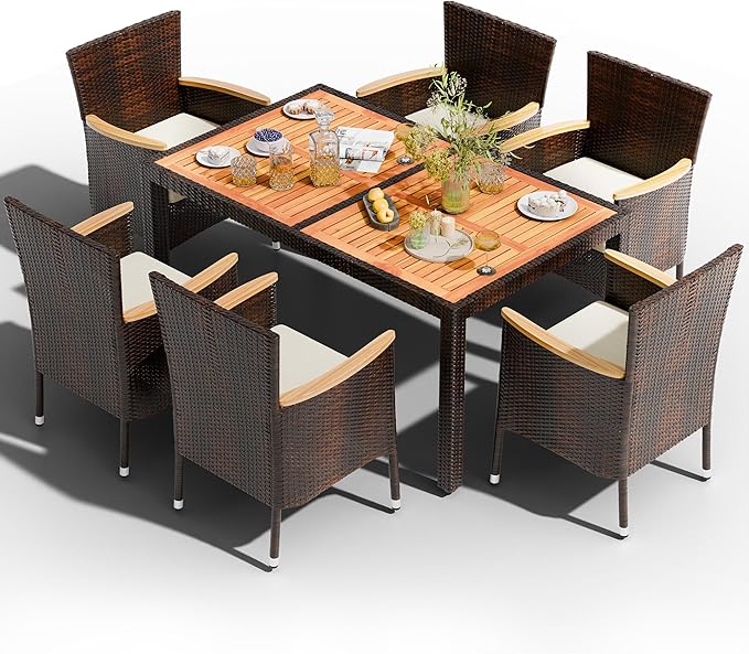 Shintenchi 7 PCS Patio Dining Set, Wicker Patio Conversation Set with Wooden Table Top, Outdoor Table and Chairs with Soft Cushions for Backyard, Deck and Garden, Brown Wicker