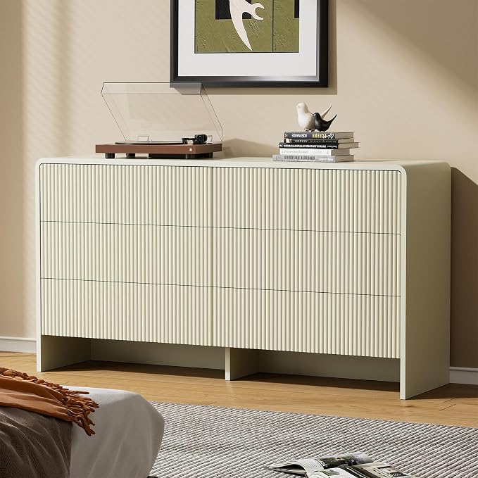 Furniway 55" Wide Modern Dresser for Bedroom, 6 Drawer Chest of Drawers with Curved Design, Push-to-Open Storage Dresser, Beige