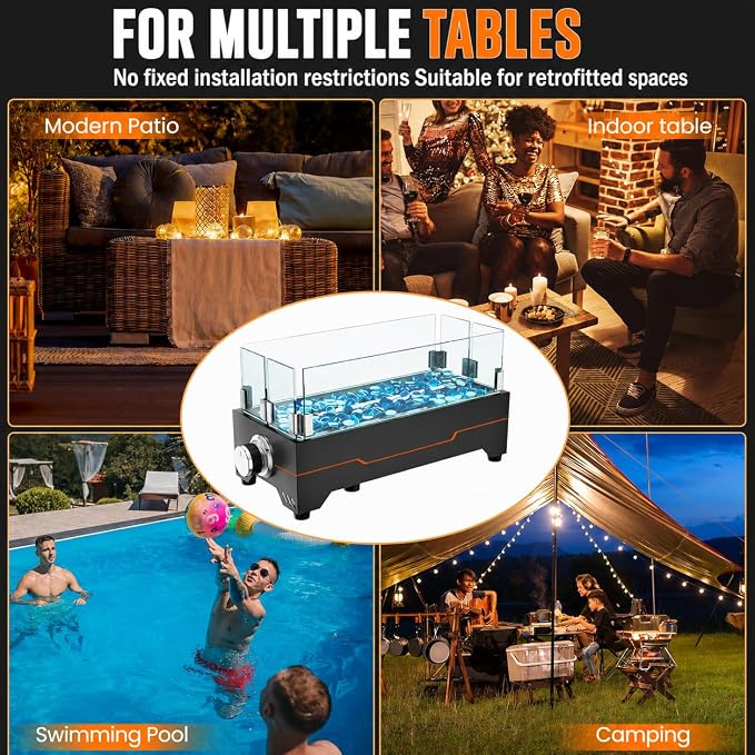 GRISUN Tabletop Fire Pit,15 Inch Propane Fire Pit Table,30000 BTU Table Top Firepit with Glass Wind Guard,Stainless Steel Burner,Fire Glass,Portable Propane fire Pit for Patio, Camping, Backyard & RV